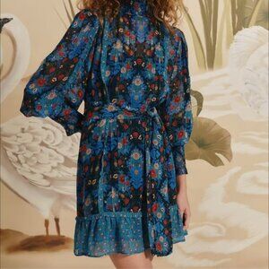 FARM RIO ARABESQUE FLORAL BLUE HIGH NECK MINI DRESS